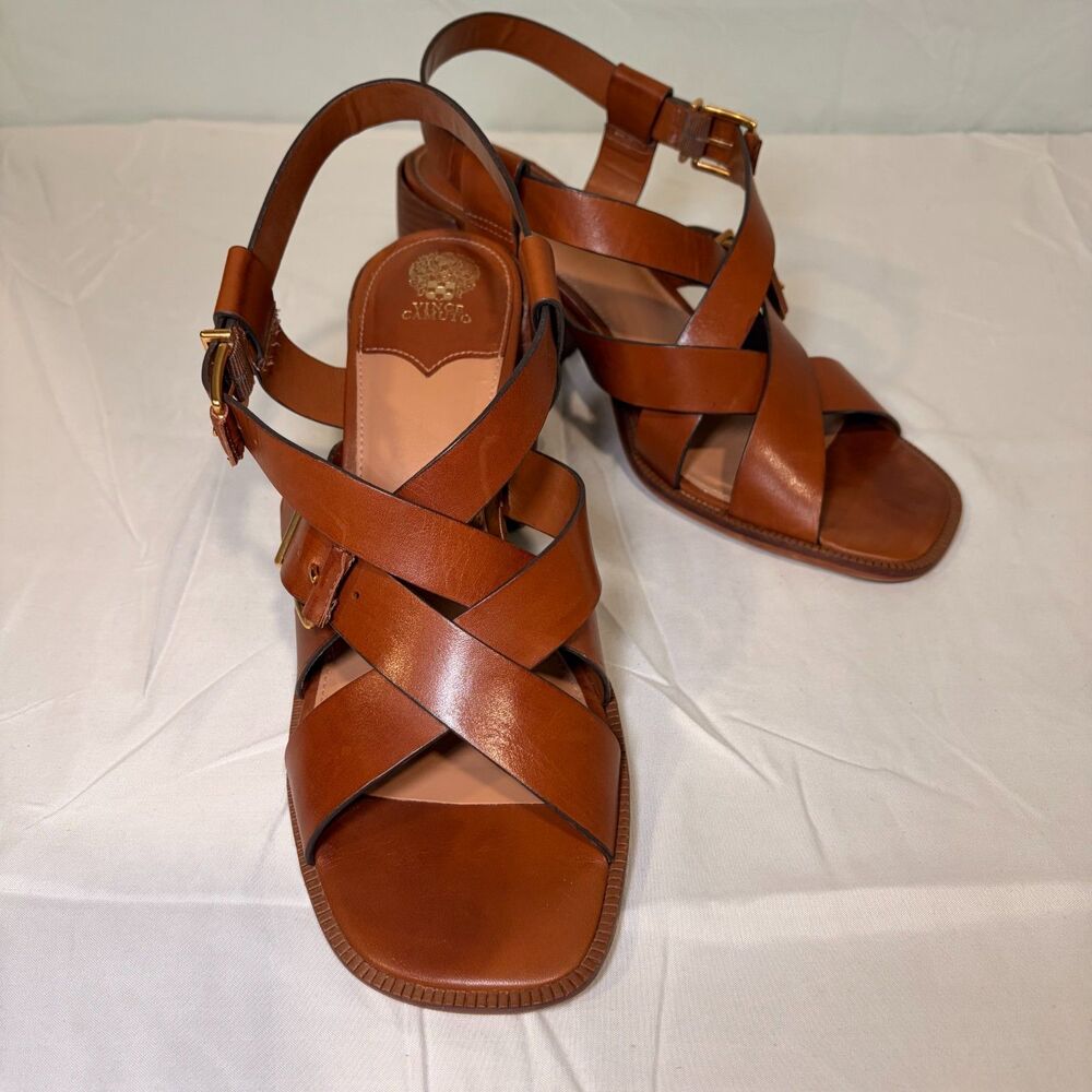 Vince Camuto Penina Golden Walnut Strappy Block Heel Sandal Square Toe 12M